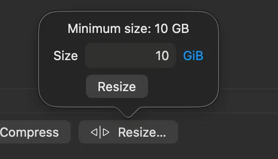 A cropped screenshot of a UTM window showing a disk resize popup