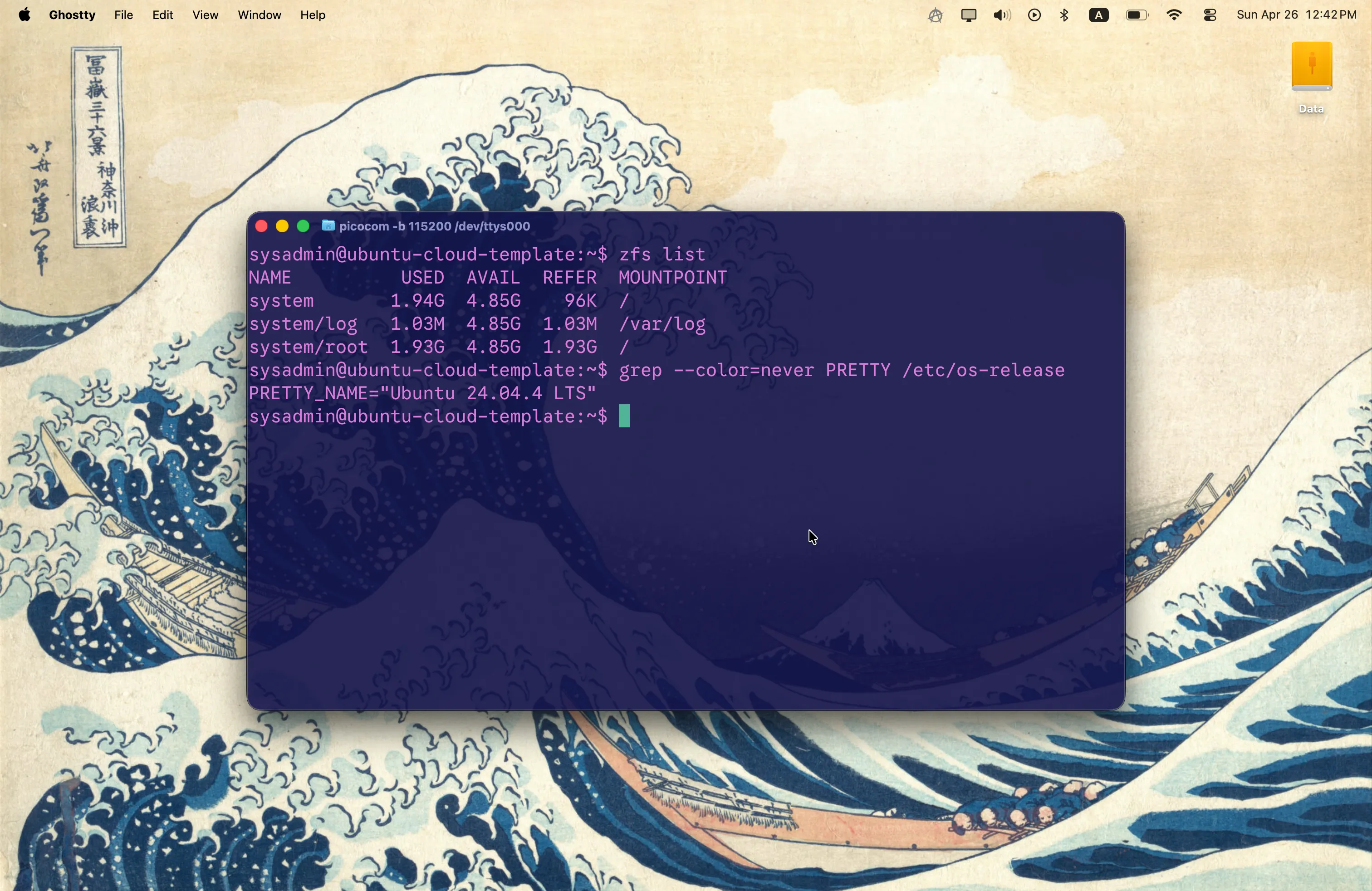 A Ghostty terminal window with a picocom instance connected to a serial port of a VM deployed from the template. It shows the output of the zfs list command, and the /etc/os-release PRETTY_NAME.
